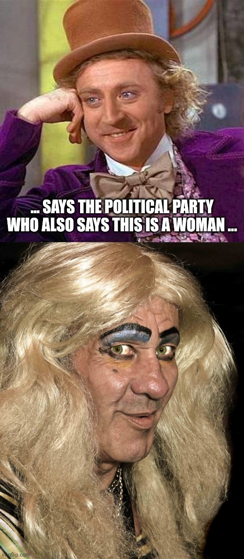 ... SAYS THE POLITICAL PARTY WHO ALSO SAYS THIS IS A WOMAN ... | image tagged in memes,creepy condescending wonka,tranny | made w/ Imgflip meme maker