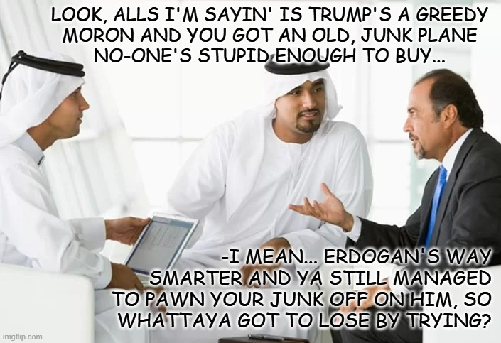 And the rest, as they say, has been recent events. | LOOK, ALLS I'M SAYIN' IS TRUMP'S A GREEDY
MORON AND YOU GOT AN OLD, JUNK PLANE
NO-ONE'S STUPID ENOUGH TO BUY... -I MEAN... ERDOGAN'S WAY
SMARTER AND YA STILL MANAGED
TO PAWN YOUR JUNK OFF ON HIM, SO
WHATTAYA GOT TO LOSE BY TRYING? | image tagged in lol,ragpicker,trailer trash,flying doublewide,rip off,donald j trash-hound | made w/ Imgflip meme maker