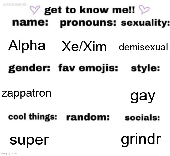 pls accept me | Alpha; Xe/Xim; demisexual; gay; zappatron; grindr; super | image tagged in get to know me but better | made w/ Imgflip meme maker