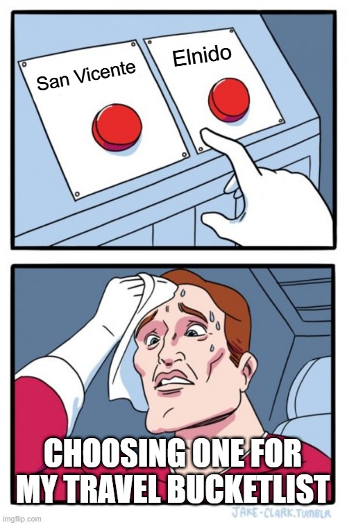 Where should I go next? | Elnido; San Vicente; CHOOSING ONE FOR MY TRAVEL BUCKETLIST | image tagged in memes,two buttons | made w/ Imgflip meme maker