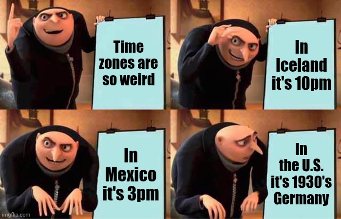 Maga Nazis | Time zones are so weird; In Iceland it's 10pm; In the U.S. it's 1930's Germany; In Mexico it's 3pm | image tagged in memes,gru's plan,maga,nazis,trump is a convict,racism | made w/ Imgflip meme maker