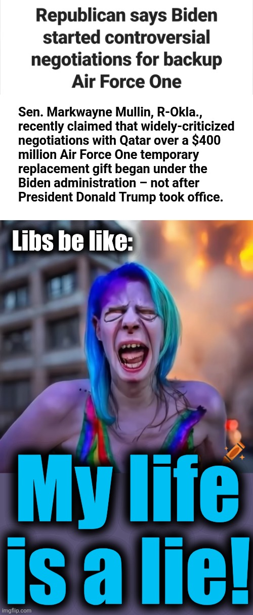 Suddenly, the new Air Force One is good | Sen. Markwayne Mullin, R-Okla.,
recently claimed that widely-criticized
negotiations with Qatar over a $400
million Air Force One temporary
replacement gift began under the
Biden administration – not after
President Donald Trump took office. Libs be like:; My life is a lie! | image tagged in memes,air force one,trump derangement syndrome,democrats,qatar,hypocrisy | made w/ Imgflip meme maker