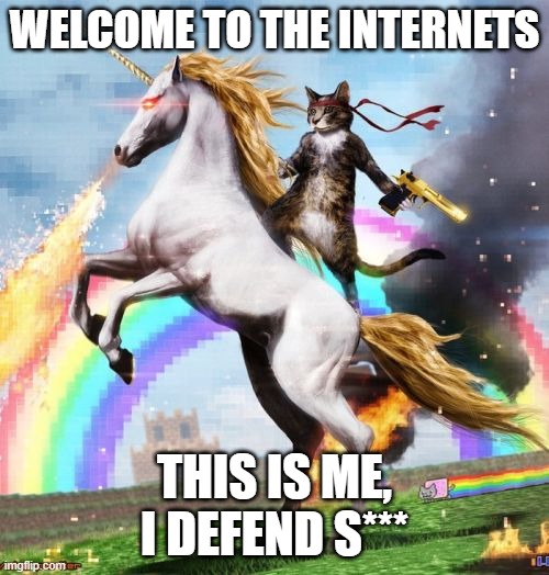 Welcome To The Internets | WELCOME TO THE INTERNETS; THIS IS ME, I DEFEND S*** | image tagged in memes,welcome to the internets | made w/ Imgflip meme maker