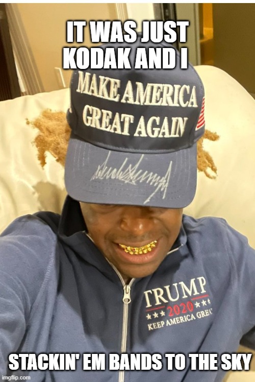 MAGA rap life | IT WAS JUST KODAK AND I; STACKIN' EM BANDS TO THE SKY | image tagged in thug life,maga,republican,trump | made w/ Imgflip meme maker
