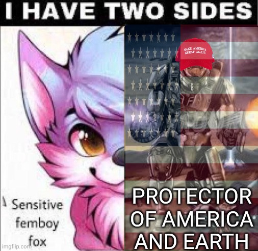 im such a sussy baka | PROTECTOR OF AMERICA AND EARTH | image tagged in i have two sides,memes,furry,maga,master chief,shitpost | made w/ Imgflip meme maker