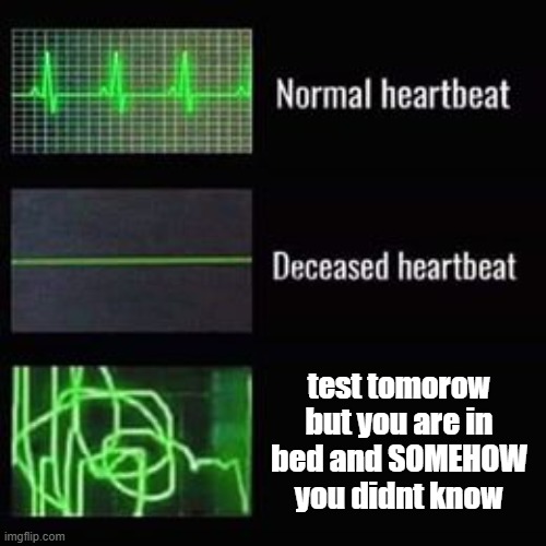 happened to me | test tomorow but you are in bed and SOMEHOW you didnt know | image tagged in heartbeat rate perfect,oh shit test tomorrow | made w/ Imgflip meme maker