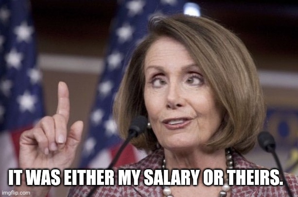 Nancy pelosi | IT WAS EITHER MY SALARY OR THEIRS. | image tagged in nancy pelosi | made w/ Imgflip meme maker