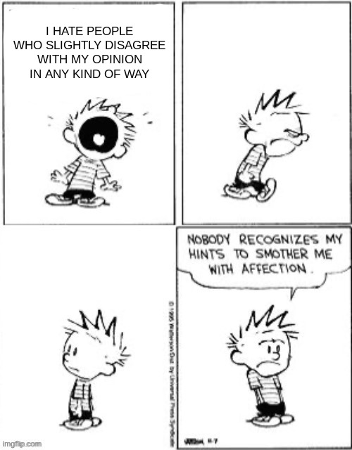 Nobody Recognizes My Hints To Smother Me With Attention | I HATE PEOPLE WHO SLIGHTLY DISAGREE WITH MY OPINION IN ANY KIND OF WAY | image tagged in nobody recognizes my hints to smother me with attention | made w/ Imgflip meme maker