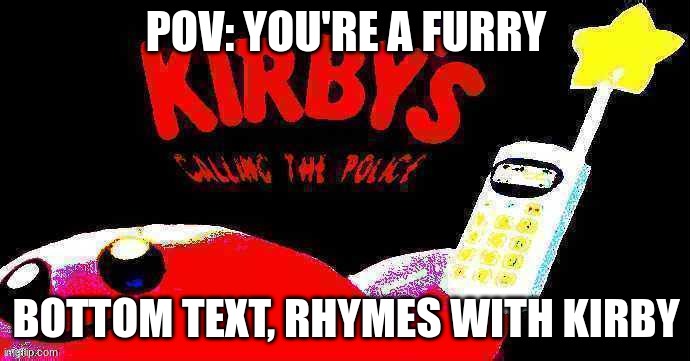 Poyo! | POV: YOU'RE A FURRY; BOTTOM TEXT, RHYMES WITH KIRBY | image tagged in kirby's calling the police deep fried | made w/ Imgflip meme maker