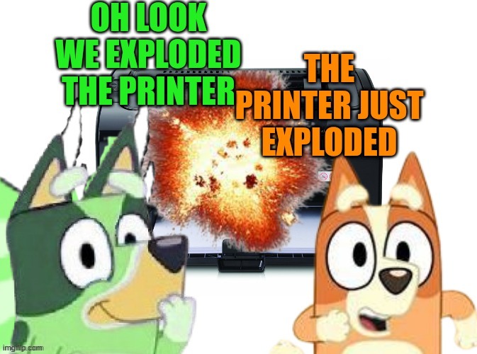 found a meme template that almost no one paid attention to | image tagged in freddie schr dinger and bingo heeler have exploded the printer | made w/ Imgflip meme maker