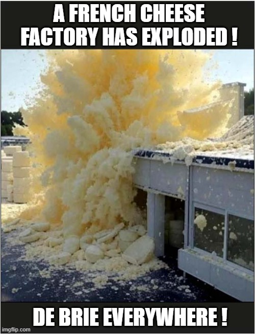 Breaking News ! | A FRENCH CHEESE FACTORY HAS EXPLODED ! DE BRIE EVERYWHERE ! | image tagged in french,cheese,factory,explosion,bad pun | made w/ Imgflip meme maker