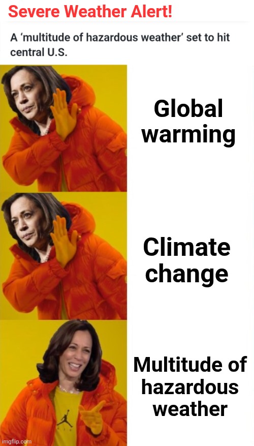 Gimme a break | Severe Weather Alert! Global
warming; Climate
change; Multitude of
hazardous
weather | image tagged in kamala harris hotline bling,multitude of hazardous weather,memes,democrats,climate change,global warming | made w/ Imgflip meme maker