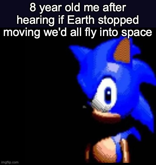 Nobody can hear you scream in space | 8 year old me after hearing if Earth stopped moving we'd all fly into space | image tagged in sonic stares,dark humor,memes | made w/ Imgflip meme maker