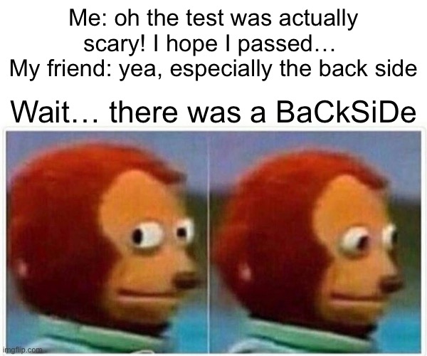 Uhhh probably not passing? | Me: oh the test was actually scary! I hope I passed… 
My friend: yea, especially the back side; Wait… there was a BaCkSiDe | image tagged in memes,monkey puppet | made w/ Imgflip meme maker