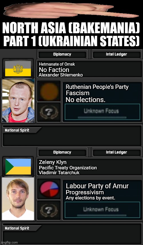 NORTH ASIA (BAKEMANIA); PART 1 (UKRAINIAN STATES); Hetmanate of Omsk; No Faction; Alexander Shlemenko; Ruthenian People's Party; Fascism; No elections. Zeleny Klyn; Pacific Treaty Organization; Vladimir Tatarchuk; Labour Party of Amur; Progressivism; Any elections by event. | image tagged in memes,ukraine,asian | made w/ Imgflip meme maker