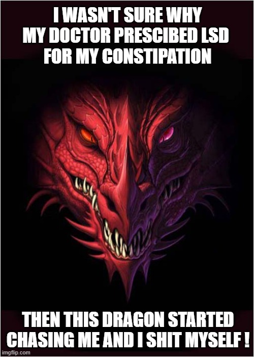 The Kill Or Cure Treatment | I WASN'T SURE WHY MY DOCTOR PRESCIBED LSD 
FOR MY CONSTIPATION; THEN THIS DRAGON STARTED CHASING ME AND I SHIT MYSELF ! | image tagged in constipation,doctors,lsd,dragon,hallucinate,dark humour | made w/ Imgflip meme maker