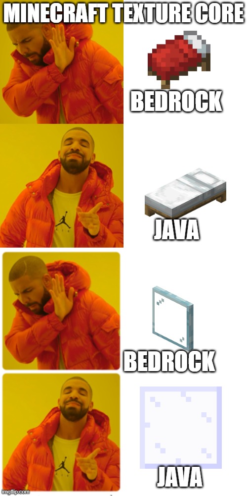 i mean yeah the first one makes sense but why the freaking whole front texture? | MINECRAFT TEXTURE CORE; BEDROCK; JAVA; BEDROCK; JAVA | image tagged in memes,drake hotline bling,stop reading the tags,minecraft | made w/ Imgflip meme maker