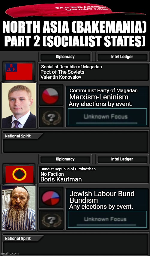 NORTH ASIA (BAKEMANIA); PART 2 (SOCIALIST STATES); Socialist Republic of Magadan; Pact of The Soviets; Valentin Konovalov; Communist Party of Magadan; Marxism-Leninism; Any elections by event. Bundist Republic of Birobidzhan; No Faction; Boris Kaufman; Jewish Labour Bund; Bundism; Any elections by event. | image tagged in memes,commie,jews | made w/ Imgflip meme maker