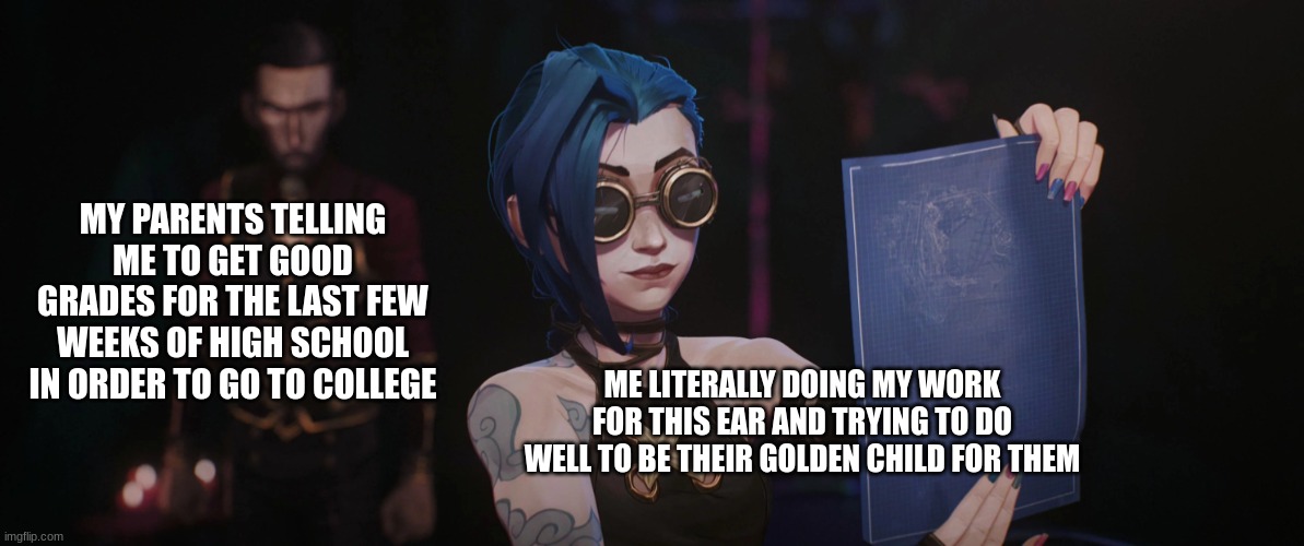 I'm pretty sure that I'm being a scapegoat to them so I can be their little "golden child" | MY PARENTS TELLING ME TO GET GOOD GRADES FOR THE LAST FEW WEEKS OF HIGH SCHOOL IN ORDER TO GO TO COLLEGE; ME LITERALLY DOING MY WORK FOR THIS EAR AND TRYING TO DO WELL TO BE THEIR GOLDEN CHILD FOR THEM | image tagged in grades,the struggle is real,parents,high school,help me,seniors | made w/ Imgflip meme maker