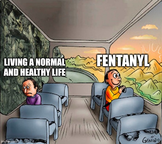 Sad guy Happy guy bus | FENTANYL; LIVING A NORMAL AND HEALTHY LIFE | image tagged in sad guy happy guy bus | made w/ Imgflip meme maker