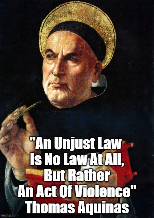 Aquinas' View Of Unjust Laws | "An Unjust Law 
Is No Law At All,
But Rather An Act Of Violence"
Thomas Aquinas | image tagged in aquinas,law,justice,act of violence | made w/ Imgflip meme maker