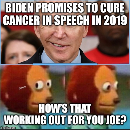 Joe Biden cures cancer | BIDEN PROMISES TO CURE CANCER IN SPEECH IN 2019; HOW’S THAT WORKING OUT FOR YOU JOE? | image tagged in joe biden cures cancer | made w/ Imgflip meme maker
