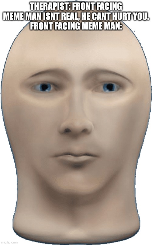 Front Facing Meme Man | THERAPIST: FRONT FACING MEME MAN ISNT REAL, HE CANT HURT YOU.
FRONT FACING MEME MAN: | image tagged in front facing meme man | made w/ Imgflip meme maker
