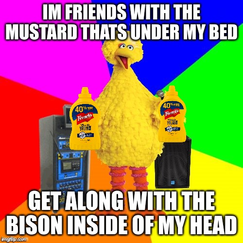 Wrong lyrics karaoke big bird | IM FRIENDS WITH THE MUSTARD THATS UNDER MY BED; GET ALONG WITH THE BISON INSIDE OF MY HEAD | image tagged in wrong lyrics karaoke big bird | made w/ Imgflip meme maker