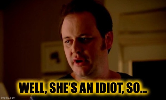 Jake from state farm | WELL, SHE’S AN IDIOT, SO… | image tagged in jake from state farm | made w/ Imgflip meme maker