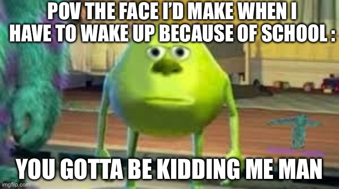 Mike Wazowski two eyed | POV THE FACE I’D MAKE WHEN I HAVE TO WAKE UP BECAUSE OF SCHOOL :; YOU GOTTA BE KIDDING ME MAN | image tagged in mike wazowski two eyed | made w/ Imgflip meme maker