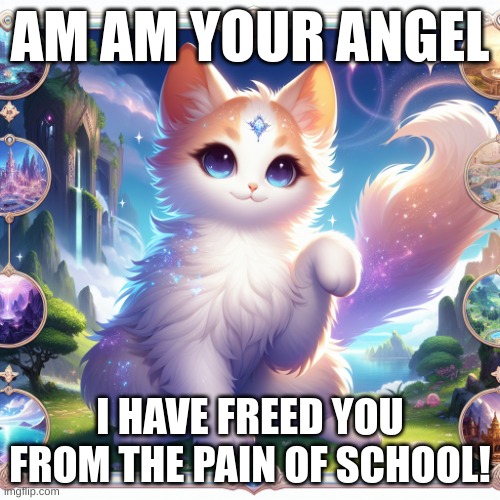 yay, angel cat! | AM AM YOUR ANGEL; I HAVE FREED YOU FROM THE PAIN OF SCHOOL! | image tagged in cute cat in genshin impact | made w/ Imgflip meme maker