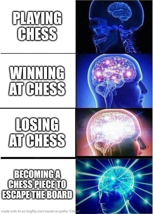 Expanding Brain | PLAYING CHESS; WINNING AT CHESS; LOSING AT CHESS; BECOMING A CHESS PIECE TO ESCAPE THE BOARD | image tagged in memes,expanding brain | made w/ Imgflip meme maker