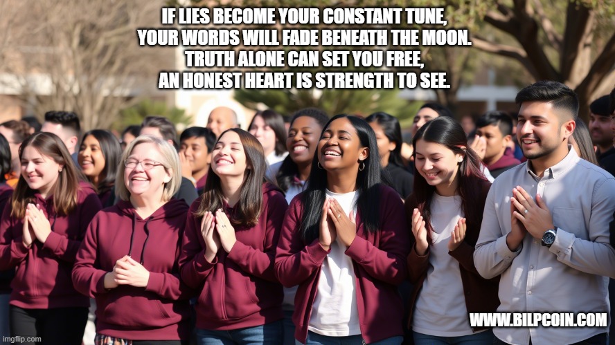 IF LIES BECOME YOUR CONSTANT TUNE,  
YOUR WORDS WILL FADE BENEATH THE MOON.  
TRUTH ALONE CAN SET YOU FREE,  
AN HONEST HEART IS STRENGTH TO SEE. WWW.BILPCOIN.COM | made w/ Imgflip meme maker