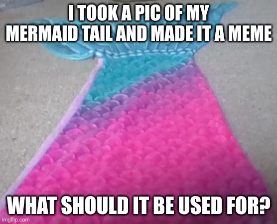new meme that magic exists | I TOOK A PIC OF MY MERMAID TAIL AND MADE IT A MEME; WHAT SHOULD IT BE USED FOR? | image tagged in mermaid tail | made w/ Imgflip meme maker