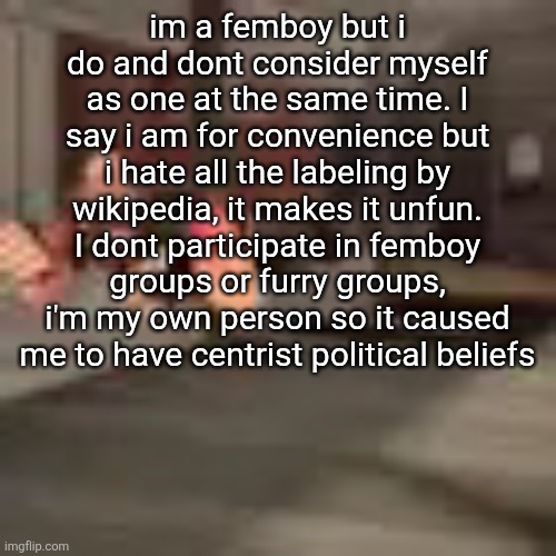 I dont care about any labeling im my own person, fuck tribalism all my homies hate tribalism | im a femboy but i do and dont consider myself as one at the same time. I say i am for convenience but i hate all the labeling by wikipedia, it makes it unfun. I dont participate in femboy groups or furry groups, i'm my own person so it caused me to have centrist political beliefs | image tagged in heby from tea forest two | made w/ Imgflip meme maker