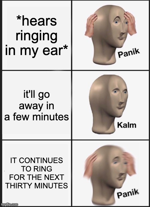AM I GOING DEAF????!!?!?! | *hears ringing in my ear*; it'll go away in a few minutes; IT CONTINUES TO RING FOR THE NEXT THIRTY MINUTES | image tagged in memes,panik kalm panik,funny | made w/ Imgflip meme maker