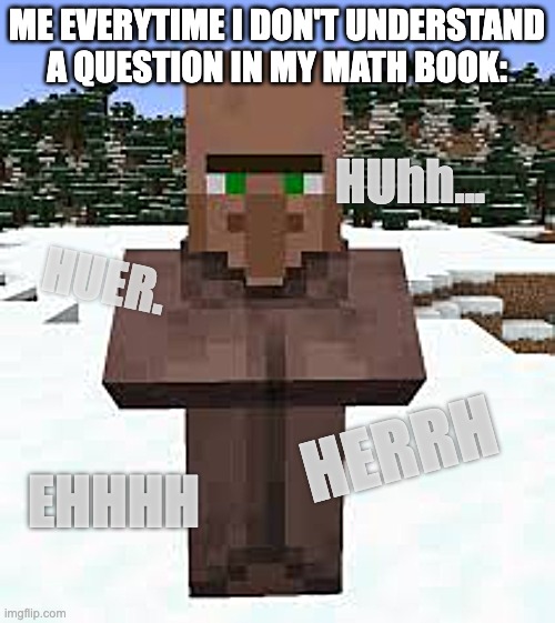 *minecraft villager sounds intensifies* | ME EVERYTIME I DON'T UNDERSTAND A QUESTION IN MY MATH BOOK:; HUhh... HUER. HERRH; EHHHH | image tagged in minecraft,meme | made w/ Imgflip meme maker