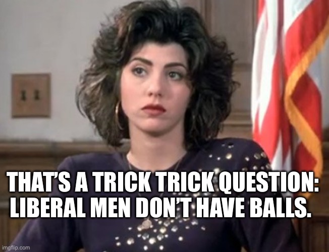 Marisa Tomei My cousin vinny  | THAT’S A TRICK TRICK QUESTION: LIBERAL MEN DON’T HAVE BALLS. | image tagged in marisa tomei my cousin vinny | made w/ Imgflip meme maker