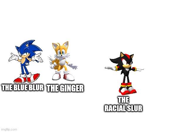 the three horsemen | THE BLUE BLUR; THE GINGER; THE RACIAL SLUR | image tagged in sonic the hedgehog | made w/ Imgflip meme maker