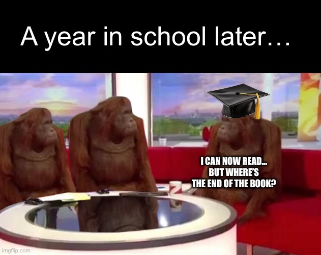 I CAN NOW READ… BUT WHERE’S THE END OF THE BOOK? A year in school later… | image tagged in where monkey | made w/ Imgflip meme maker