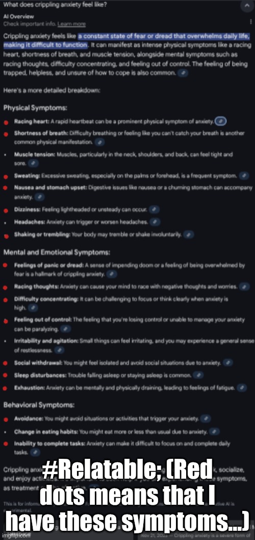 Sorry for the absolute crappy quality of this image. :((( | #Relatable; (Red dots means that I have these symptoms...) | image tagged in fresh memes,anxiety | made w/ Imgflip meme maker