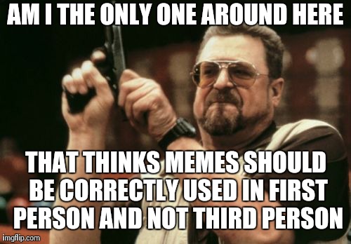 To Everybody Who Uses Memes as Captioned Reactions | AM I THE ONLY ONE AROUND HERE THAT THINKS MEMES SHOULD BE CORRECTLY USED IN FIRST PERSON AND NOT THIRD PERSON | image tagged in memes,am i the only one around here | made w/ Imgflip meme maker