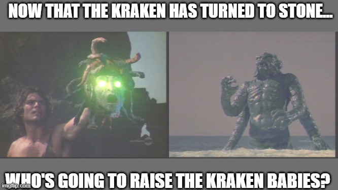 kraken | NOW THAT THE KRAKEN HAS TURNED TO STONE... WHO'S GOING TO RAISE THE KRAKEN BABIES? | image tagged in memes | made w/ Imgflip meme maker