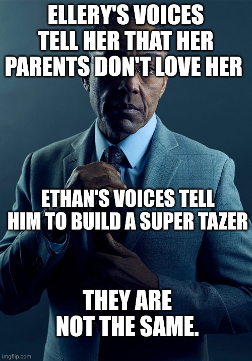 Gus Fring we are not the same | ELLERY'S VOICES TELL HER THAT HER PARENTS DON'T LOVE HER; ETHAN'S VOICES TELL HIM TO BUILD A SUPER TAZER; THEY ARE NOT THE SAME. | image tagged in gus fring we are not the same | made w/ Imgflip meme maker
