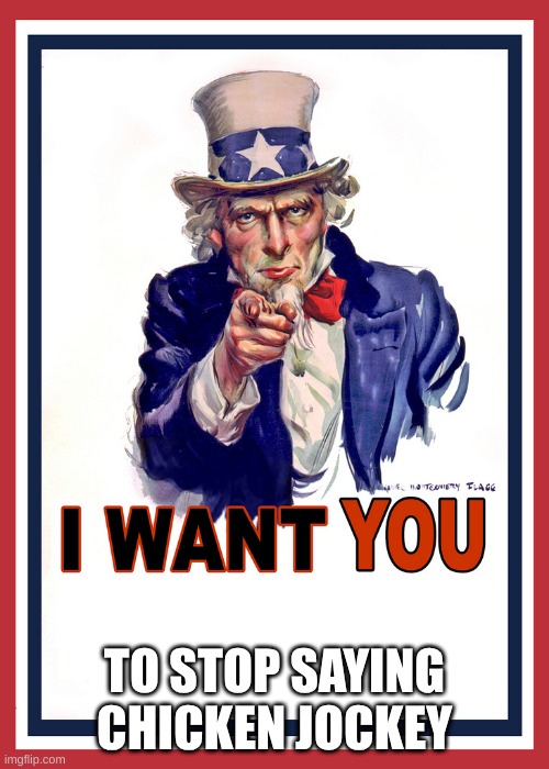 I want You | TO STOP SAYING CHICKEN JOCKEY | image tagged in i want you | made w/ Imgflip meme maker