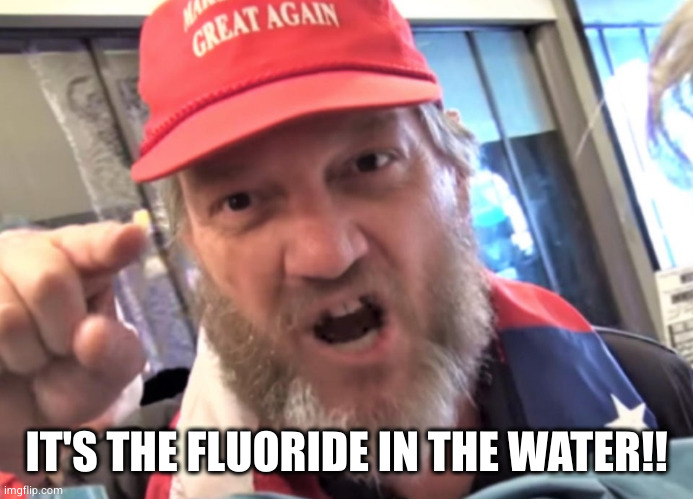 Angry Trumper MAGA White Supremacist | IT'S THE FLUORIDE IN THE WATER!! | image tagged in angry trumper maga white supremacist | made w/ Imgflip meme maker