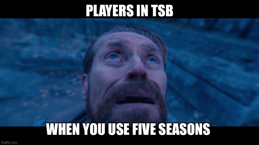willem dafoe looking up | PLAYERS IN TSB; WHEN YOU USE FIVE SEASONS | image tagged in willem dafoe looking up | made w/ Imgflip meme maker