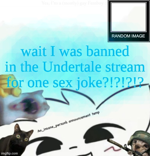 My lil announcement | wait I was banned in the Undertale stream for one sex joke?!?!?!? | image tagged in my lil announcement | made w/ Imgflip meme maker