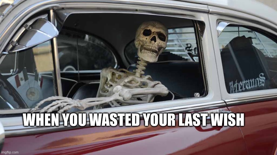 Asking the genie for a refund | WHEN YOU WASTED YOUR LAST WISH | image tagged in waiting skeleton car | made w/ Imgflip meme maker