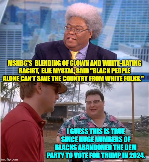 MSNBC adores their in-house racists. | MSNBC'S  BLENDING OF CLOWN AND WHITE-HATING RACIST,  ELIE MYSTAL, SAID "BLACK PEOPLE ALONE CAN’T SAVE THE COUNTRY FROM WHITE FOLKS."; I GUESS THIS IS TRUE SINCE HUGE NUMBERS OF BLACKS ABANDONED THE DEM PARTY TO VOTE FOR TRUMP IN 2024. | image tagged in see nobody cares | made w/ Imgflip meme maker